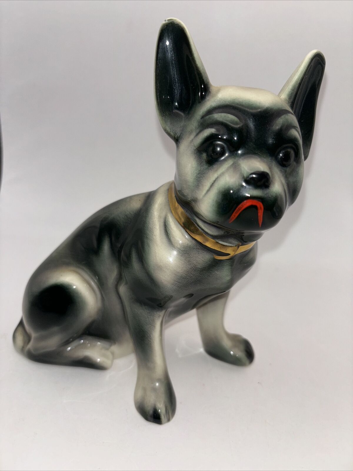 Vintage French Bulldog Frenchie Dog Figurine Gold Tone Collar Glossy