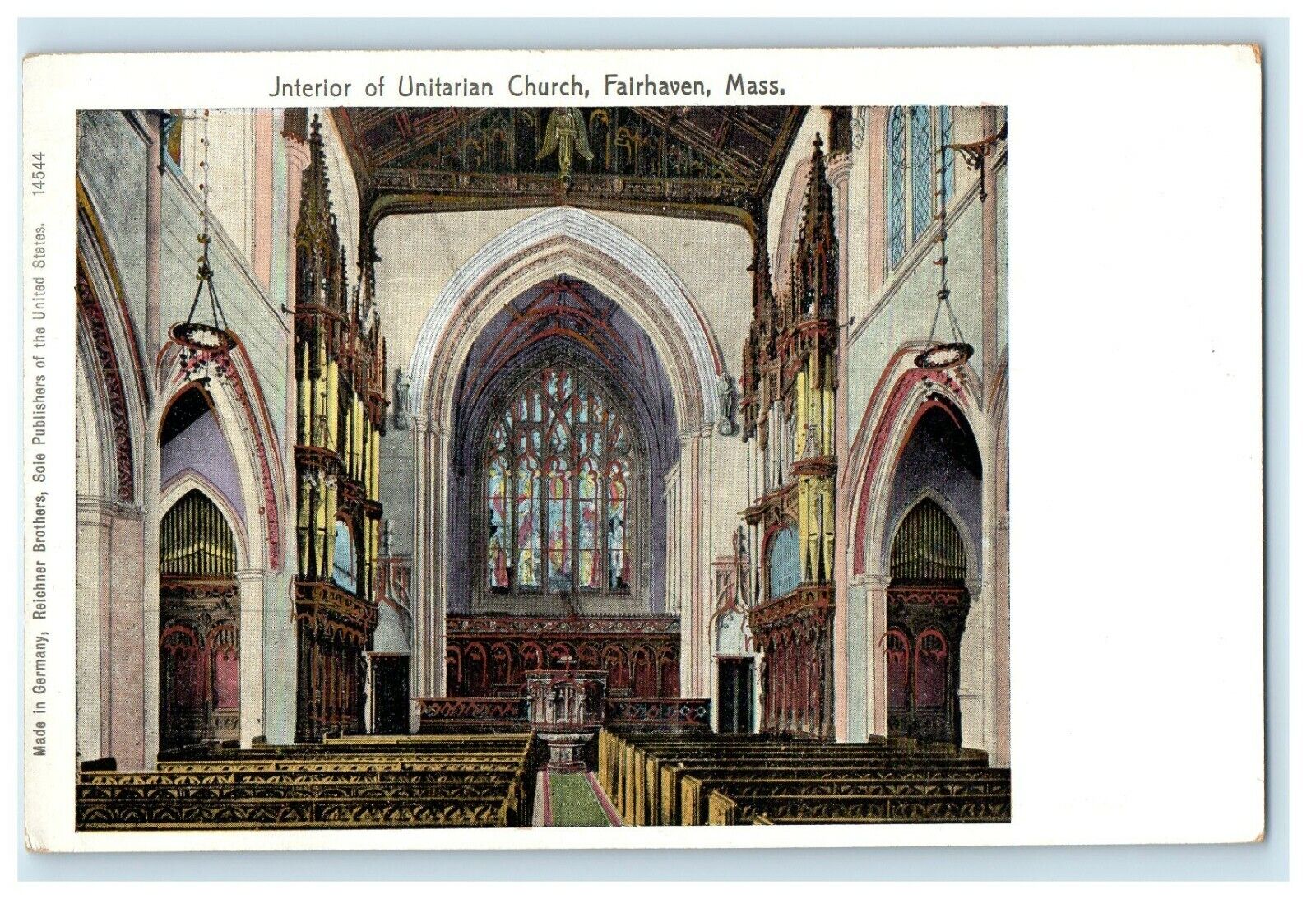 1905 Copper Windows Interior Unitarian Church Fairhaven Massachusetts Postcard