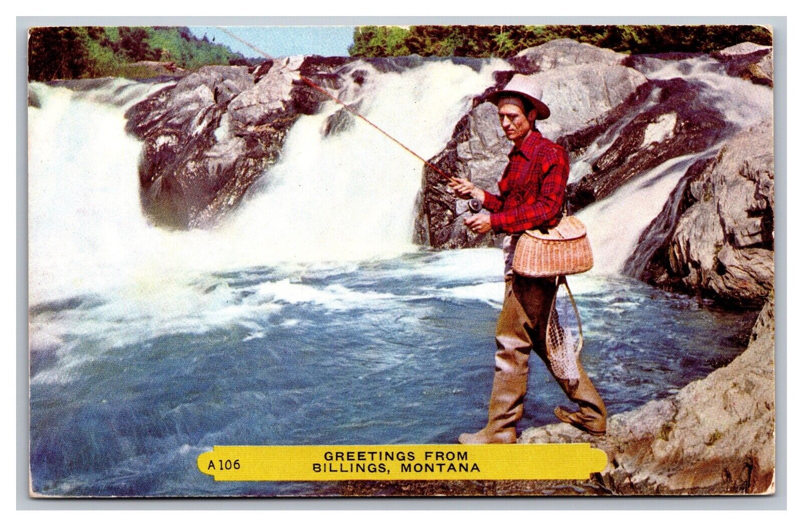 Greetings from Billings MT Montana Fly Fishing A106 Chrome Postcard Posted 1952