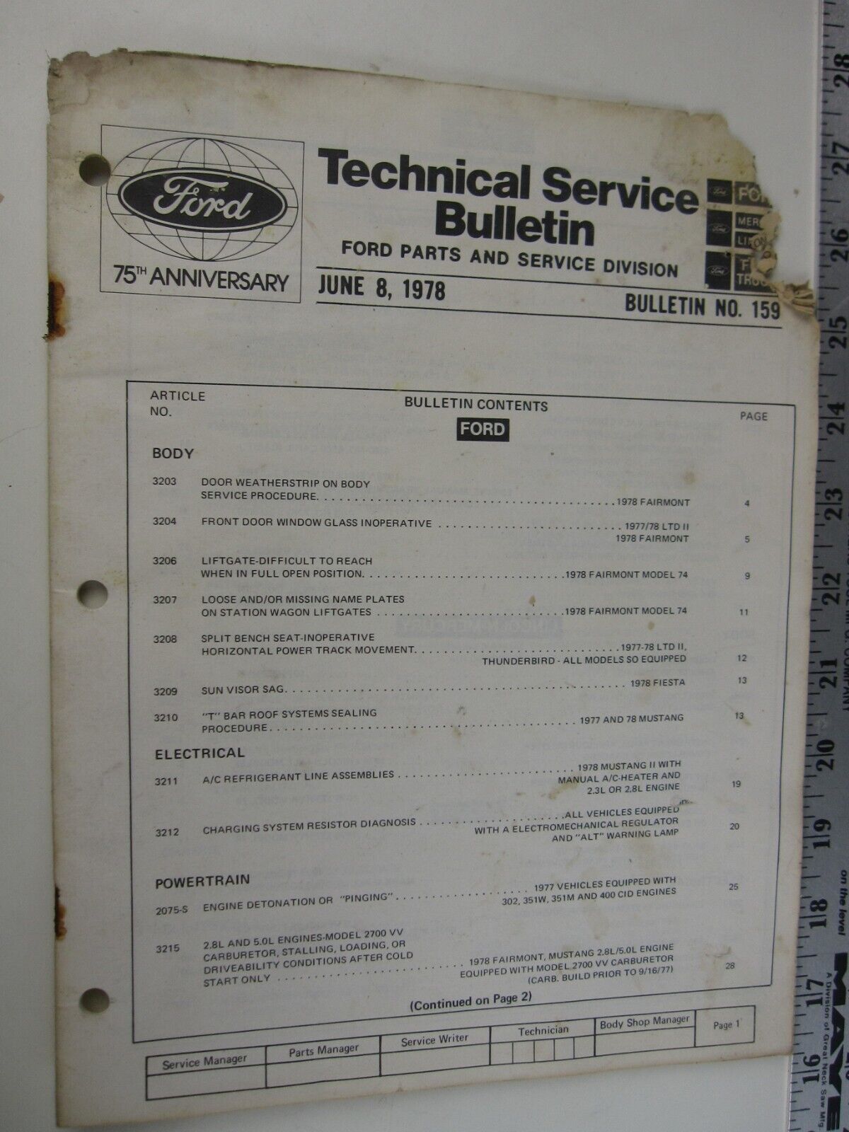 June 8, 1978 FORD Technical Service Bulletin Number 159  BIS