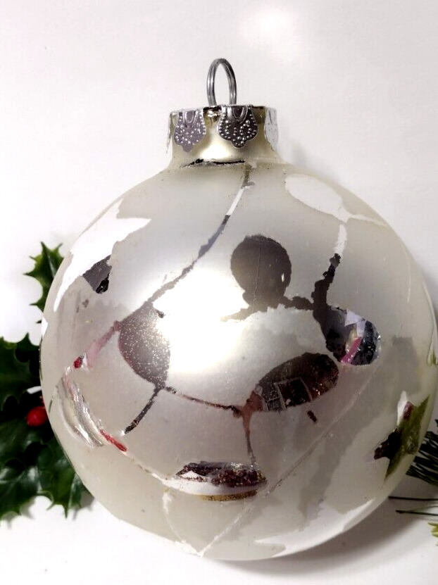 Vintage Christmas Ornament WHITE Mercury Glass Ball SILVER Accents about 4 1/2\