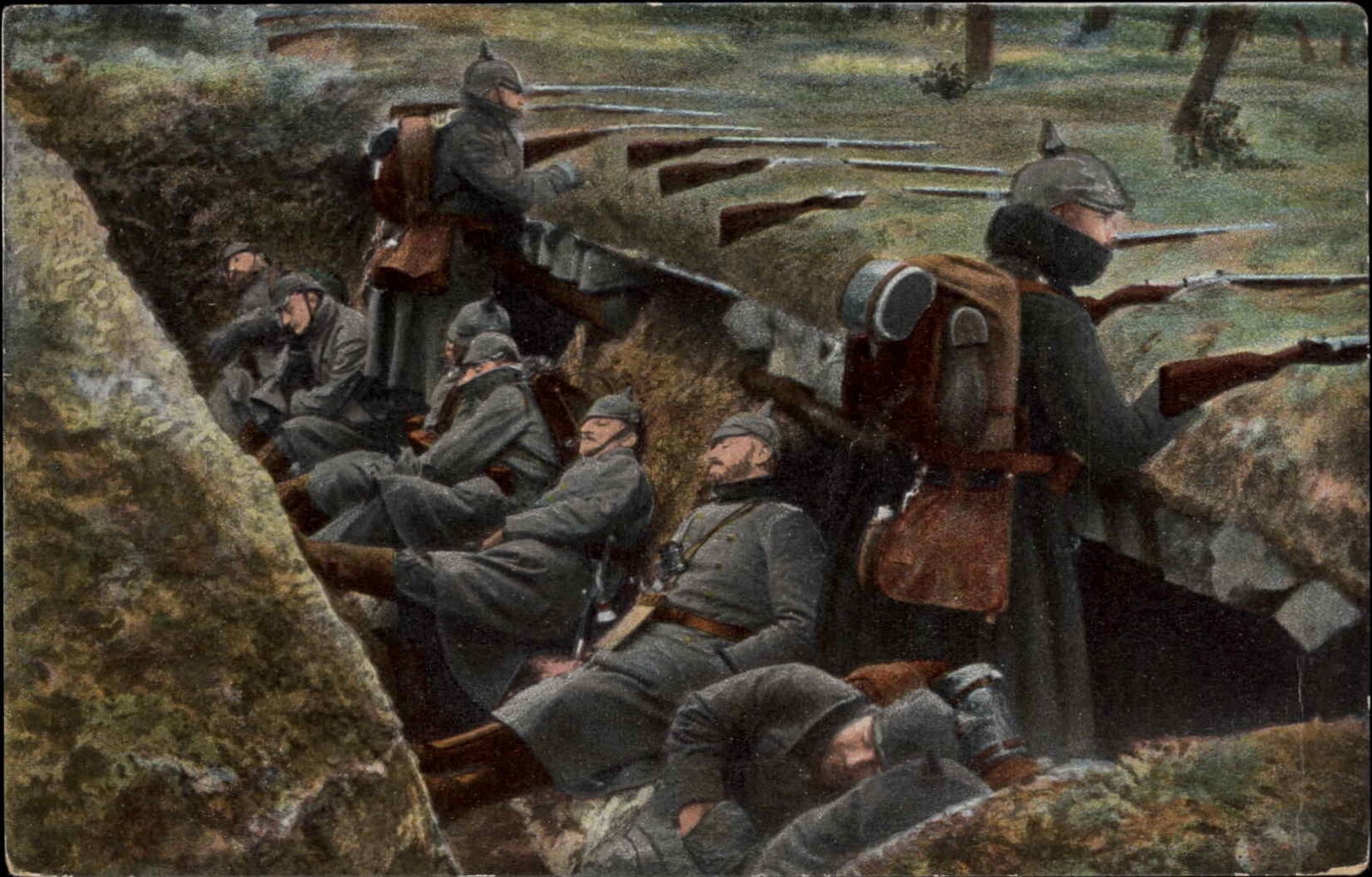 WWI German Trench Warfare Men Sleeping Rifles Helmets c1914 Postcard