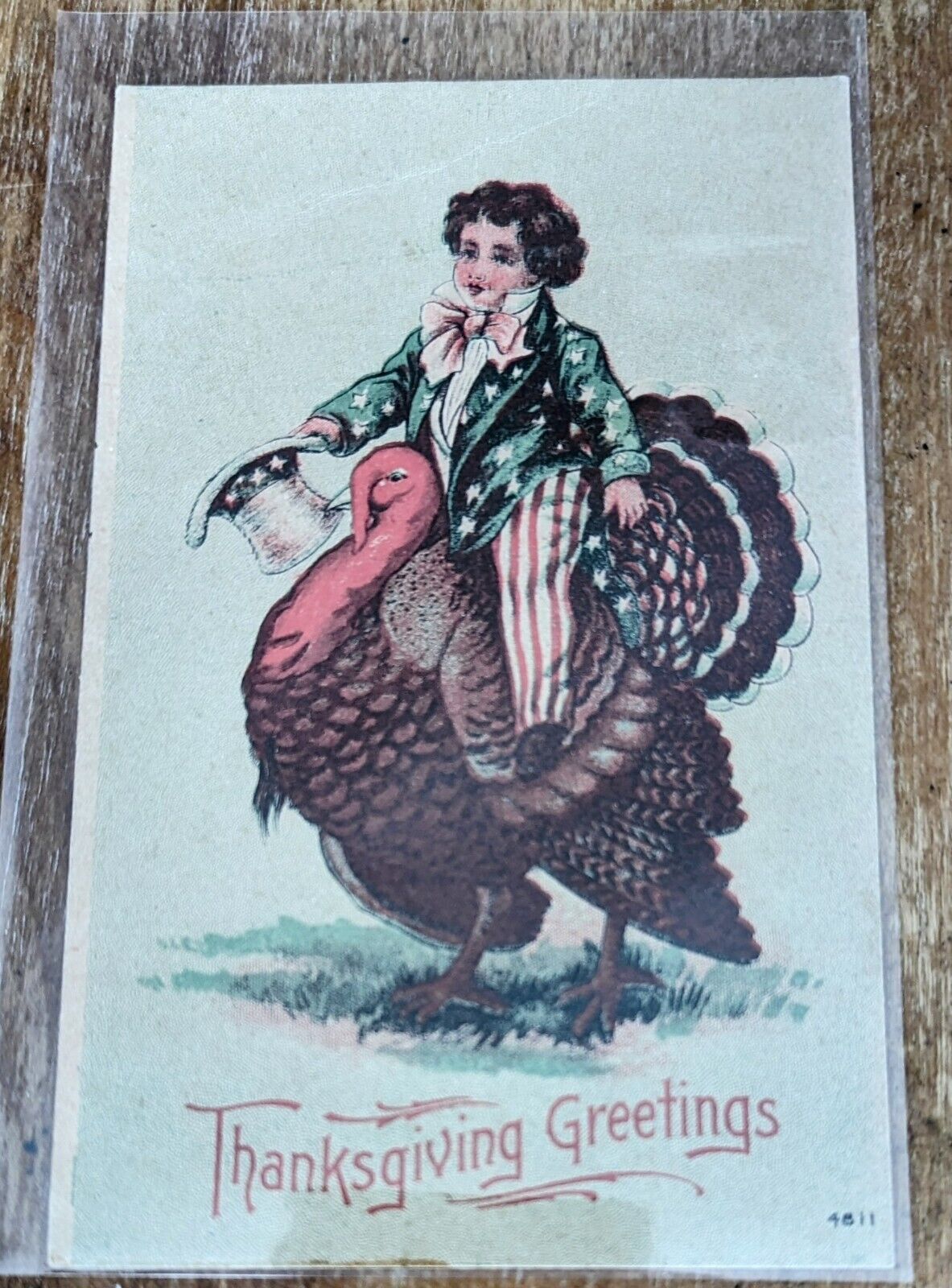 Vintage Patriotic Thanksgiving Greetings Postcard #4611 USA Boy On Turkey