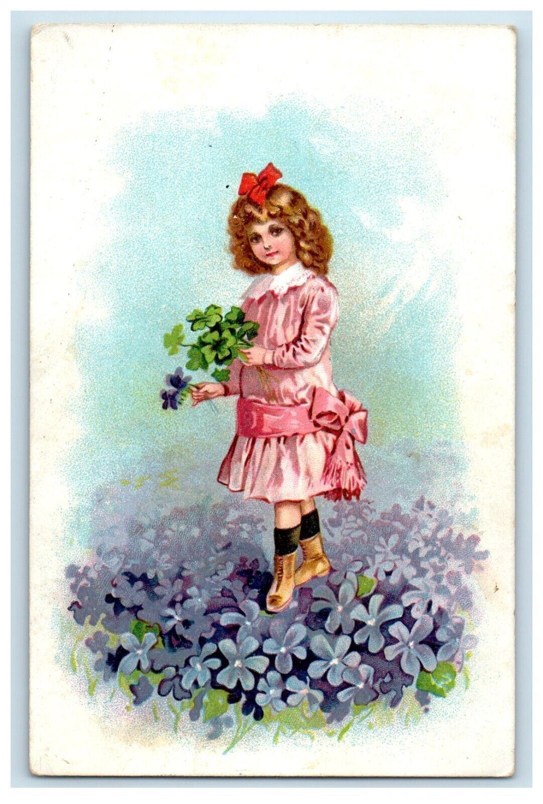 c1910\'s Beautiful Girl Dress Pink Ribbon Shamrock Pansies Flowers Italy Postcard