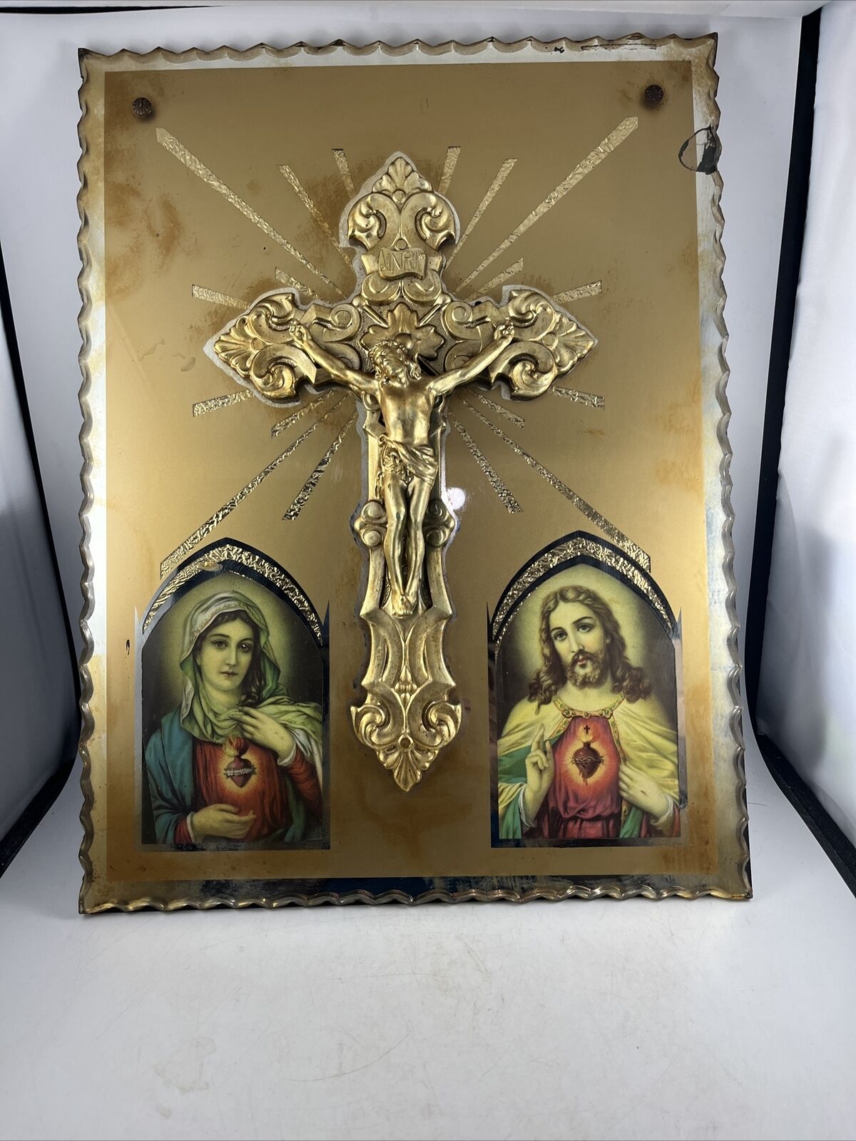 OLD VINTAGE MARY JESUS CRUSIFIX RELIGIOUS CUT GLASS WALL HANGING 18”x 12” Tall
