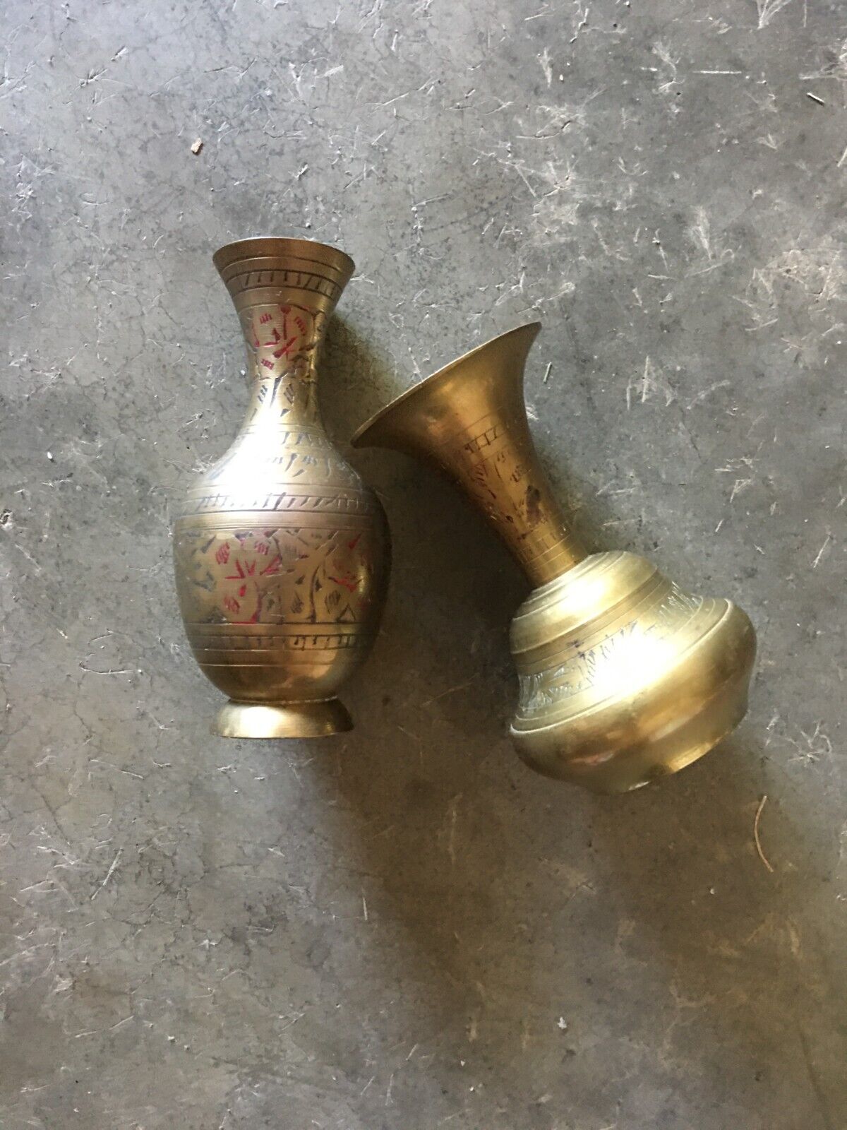 Two Vintage Solid Brass Carved Small Vases Made in India Engraved Flower Pattern