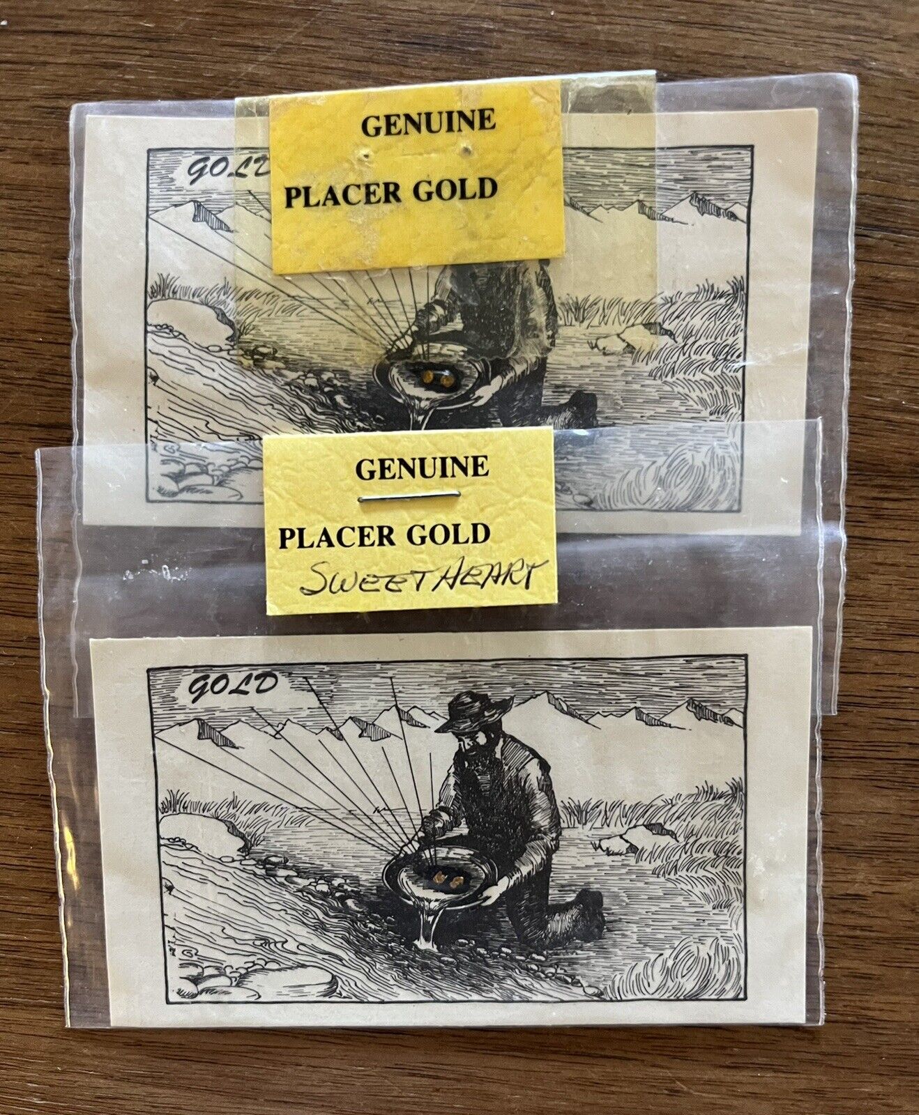 2 Genuine Hand Panned Placer Gold Flake Specimens on Cards Geodek, Inc. 1980