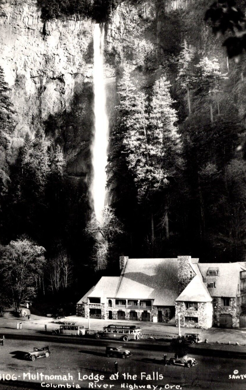 c1940s RPPC Multnomah Lodge & Beautiful Waterfall Columbia River Hwy Postcard