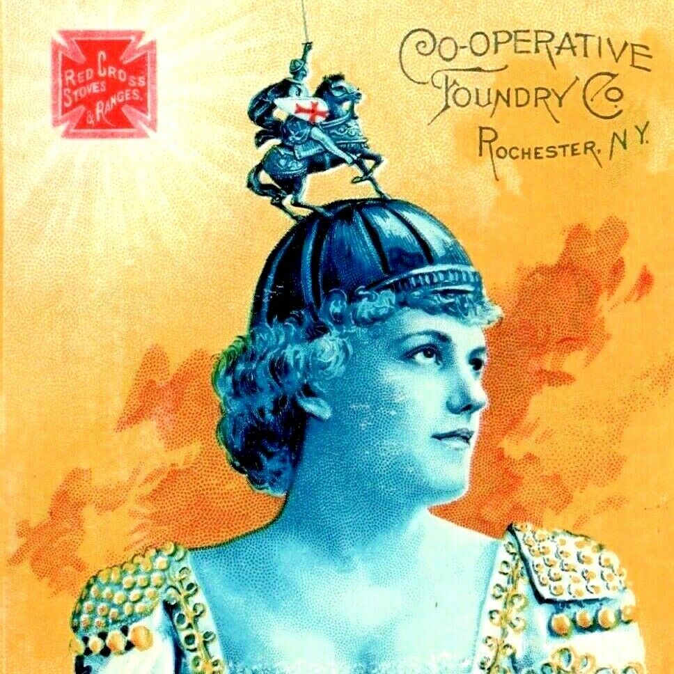 c1880s Gaines Michigan Red Cross Stoves Ranges Trade Card Woman Knight Helmet C6