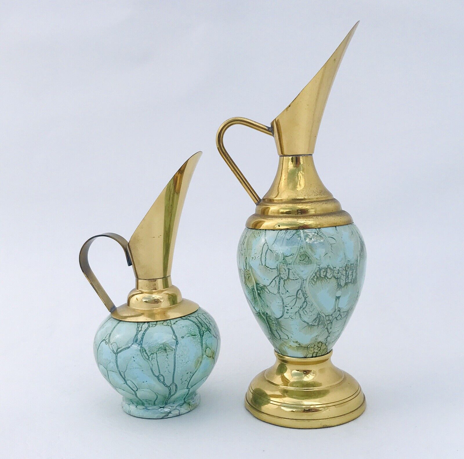 Pair 2 Vintage Delft Holland BUD VASES Ewer Style Turquoise Drip Glaze & Brass