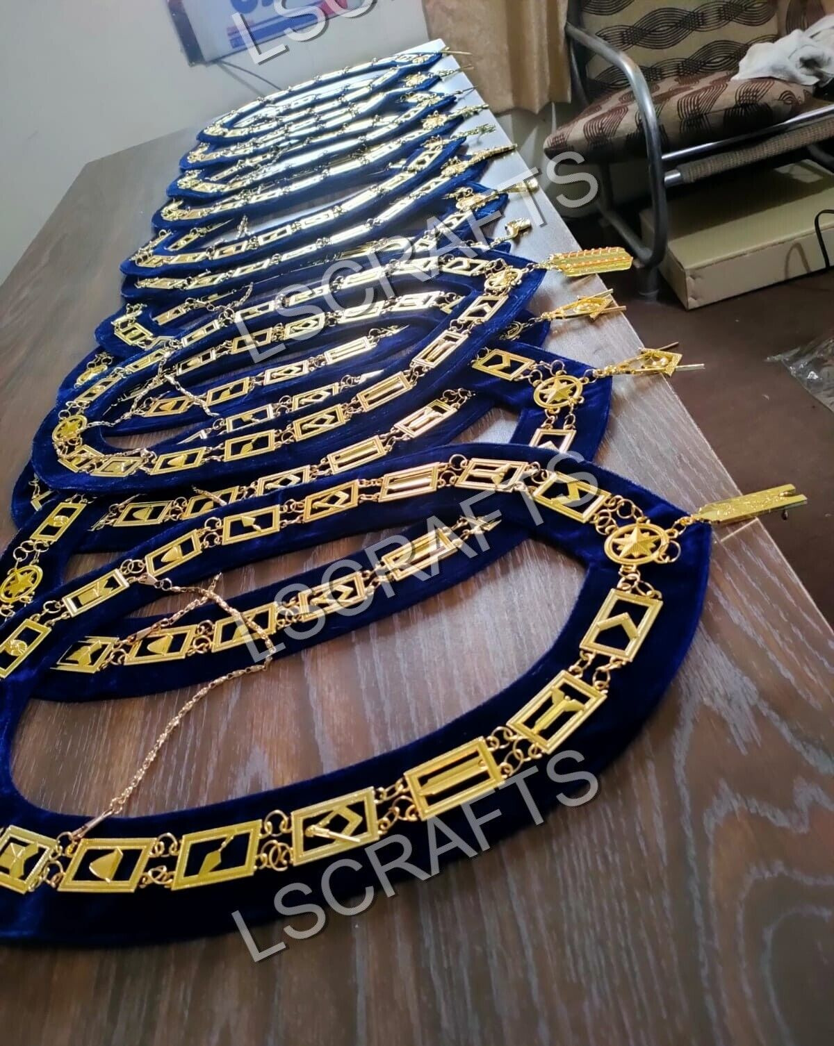 Masonic Blue Lodge Gold Officer Chain Collars With Jewels Set of 12 PCS