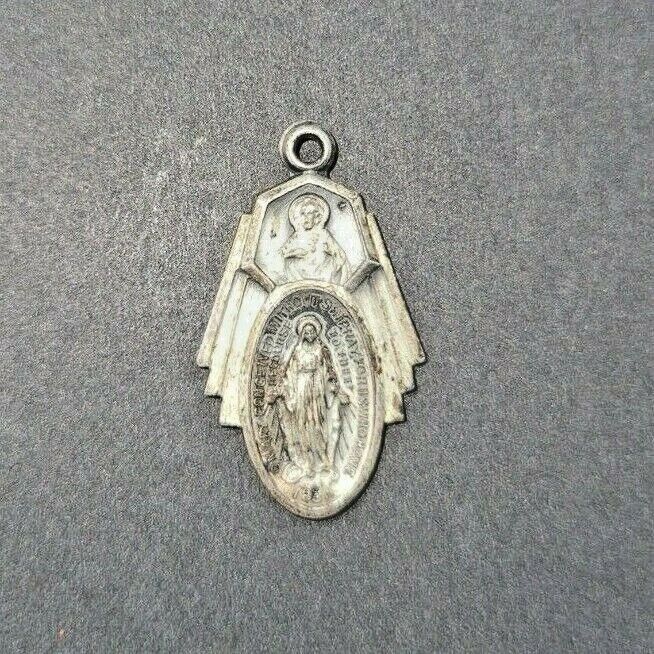 Miraculous Medal Jesus~ Sacred Heart above Mary~ Silver Plate~ ANTIQUE
