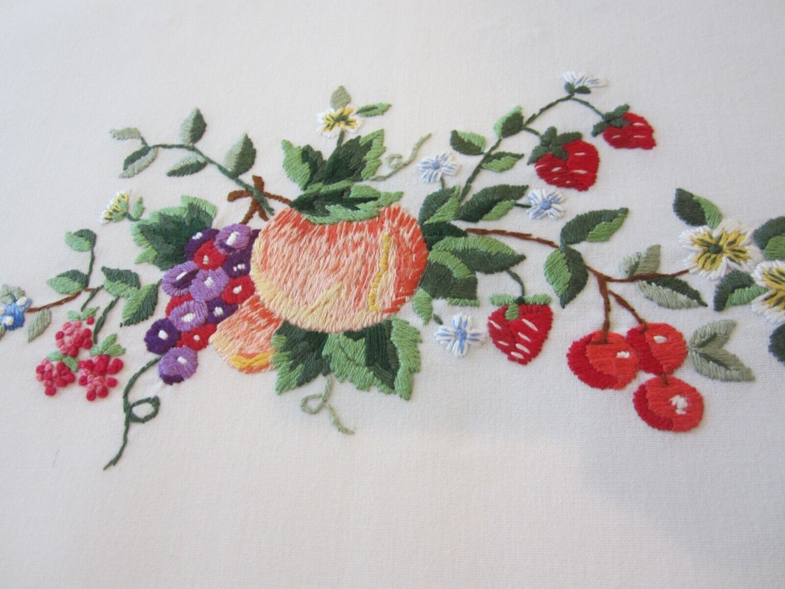 Vintage Hand Embroidered Tablecloth Fruits Berries Flowers 68 x 54 Exceptional