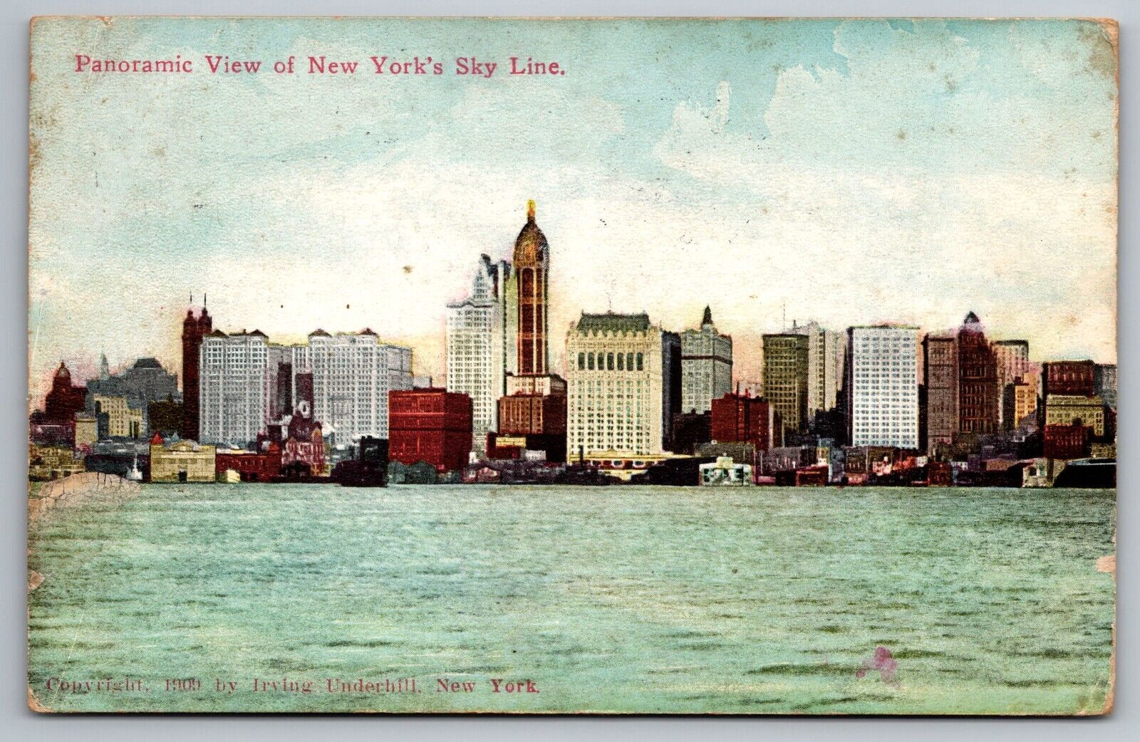 color view of New York\'s sky line from 1912 postcard