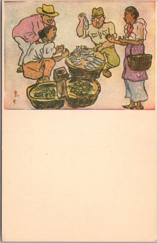 Vintage 1910s JAPAN Artist-Signed Postcard Soldier at Market /Fish Vendor UNUSED