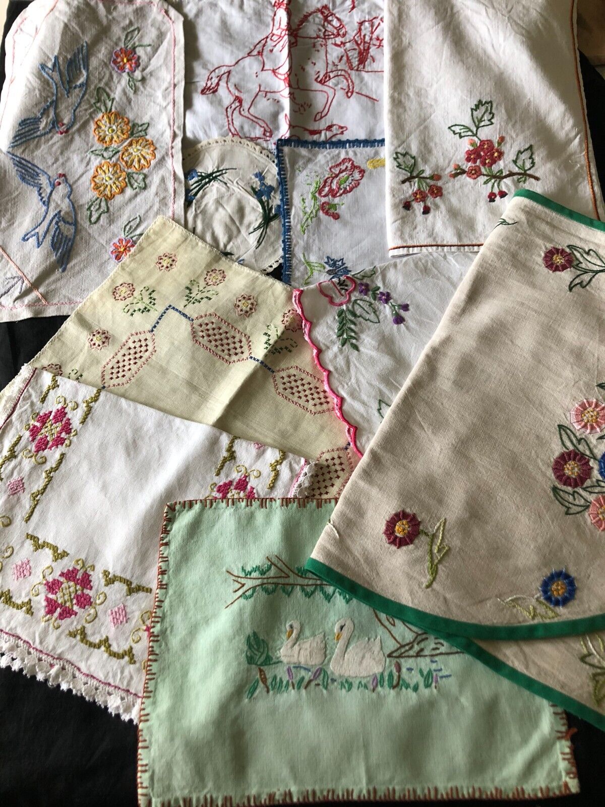 Job Lot Pretty 10 Vintage French Teatime Hand Embroidered Table Cloths c1940/50s