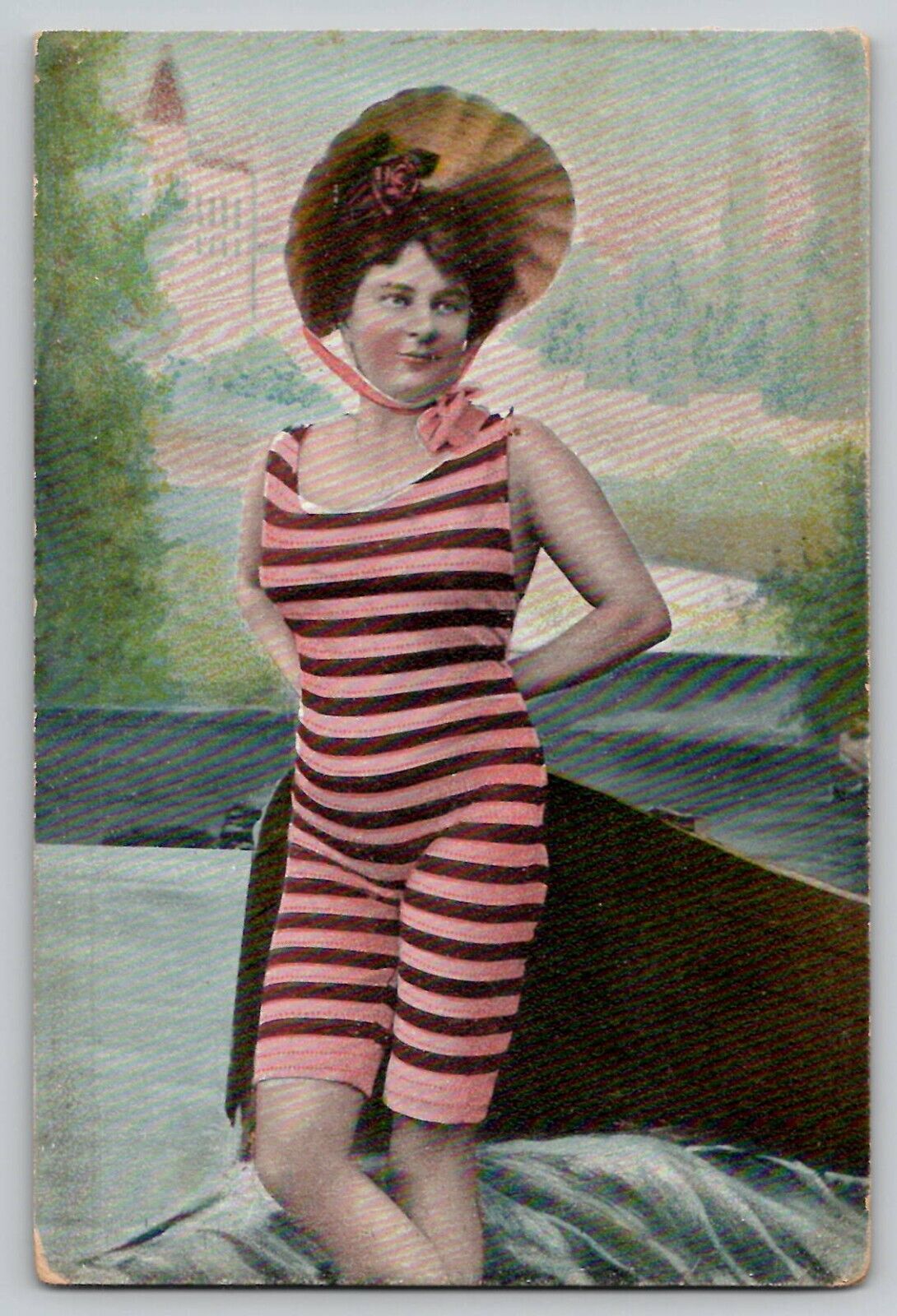 c 1910's Bathing Beauty Woman Stripped Swimming Suit Boat Vintage Postcard 326