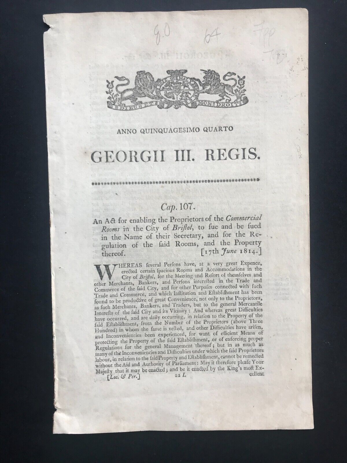 Antique George III Act of Parliament Regulation of Commercial Rooms in Bristol