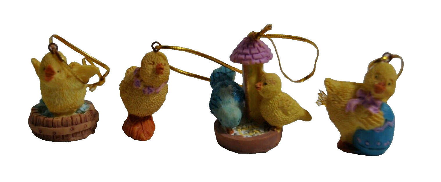 Vintage Lot of Four Easter Chicks Ornaments on Gold Rope Hangers
