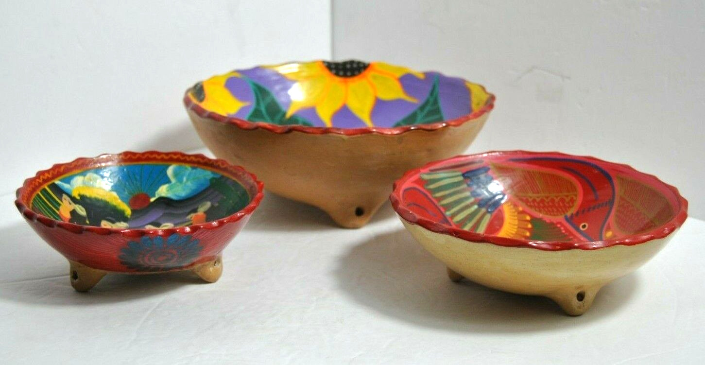 Set of Three Vintage Hand Painted Stackable Clay Bowls Beautifully Painted OOAK 