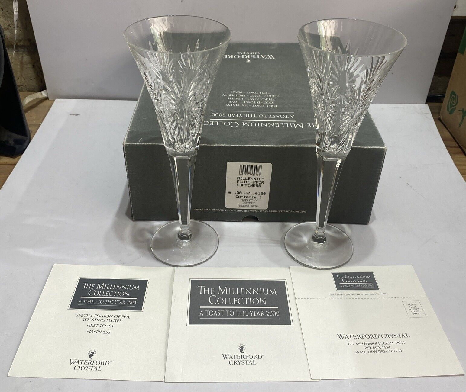 VTG Waterford Crystal Millennium HAPPINESS Toasting Flutes PAIR With Box