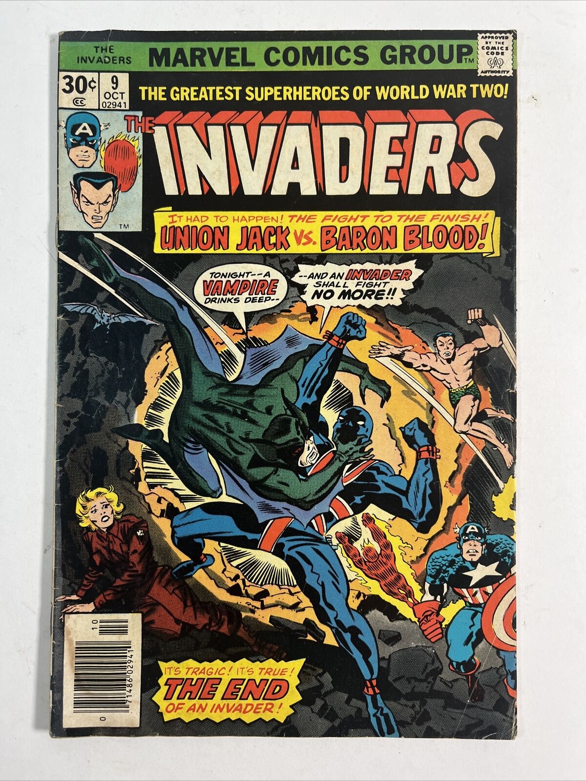 Marvel The Invaders #9 (1976) ~ Union Jack vs. Baron Blood  ~ Comic Book