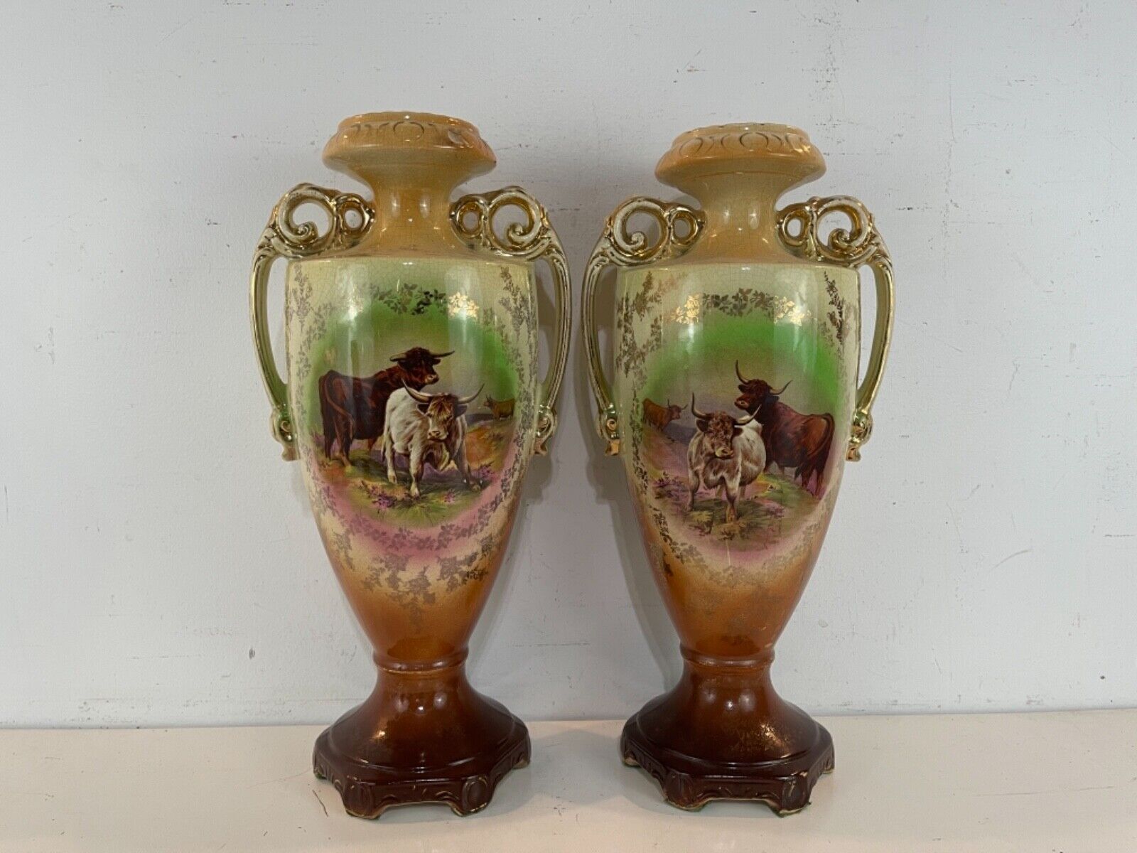 Antique Pair of Porcelain Handled Vases with Cattle Cow Decorations