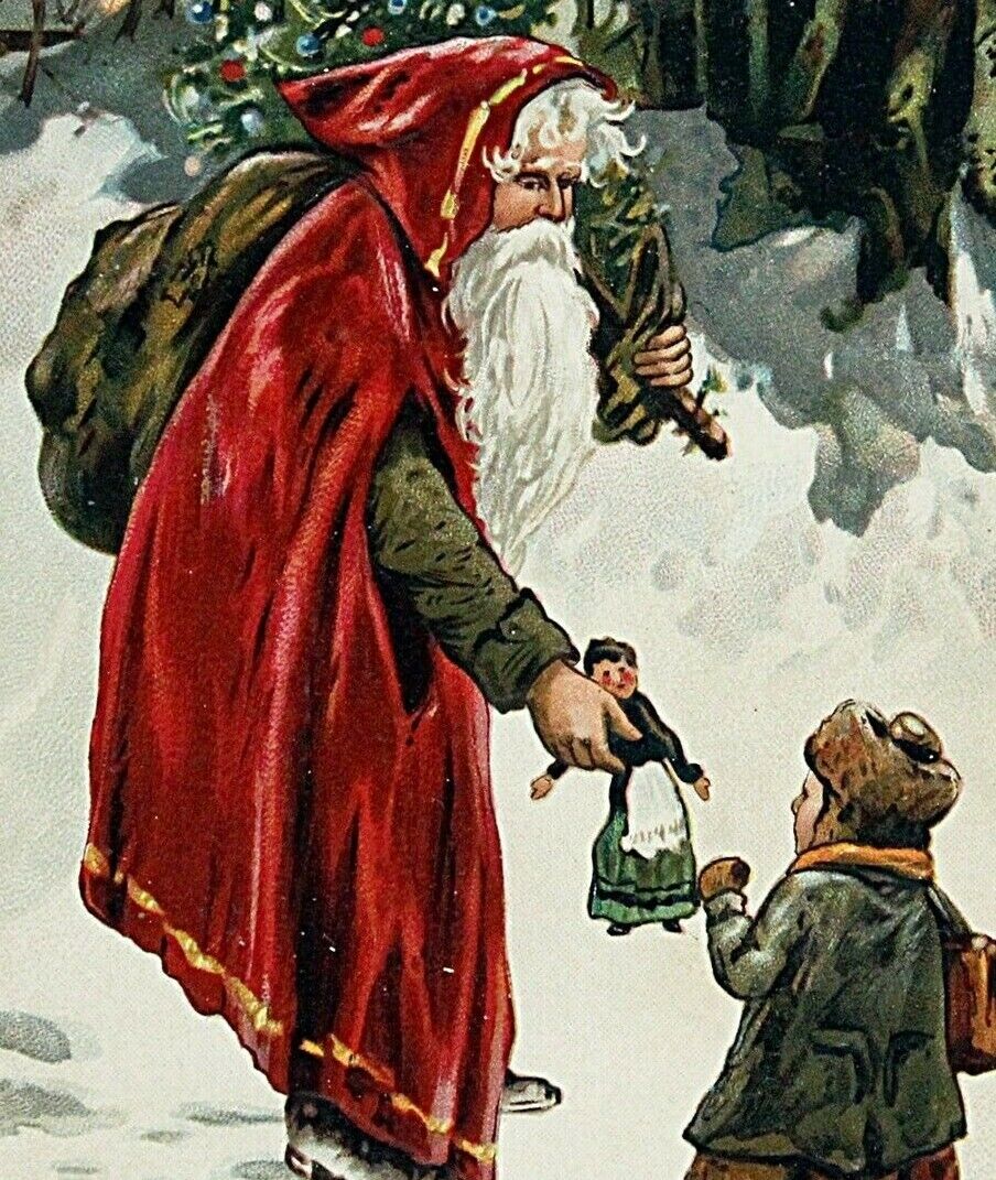 C. 1910 Santa Claus Red Cape Raphael Tuck Bag Toys Doll Embossed Postcard
