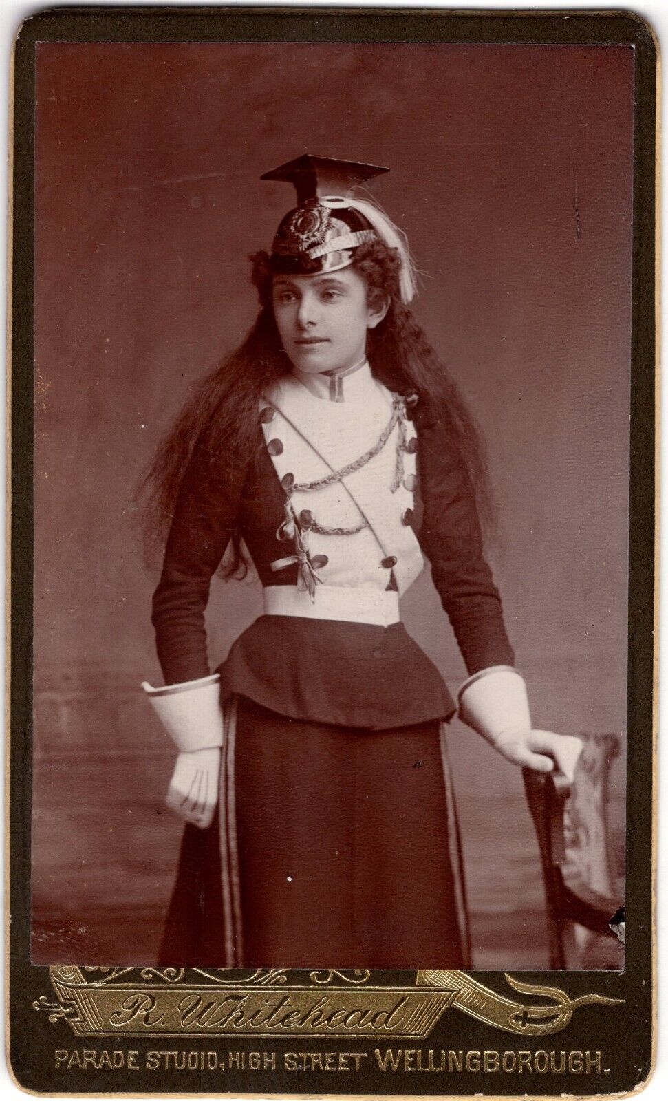 CIRCA 1880s CDV R. WHITEHEAD LADY IN CALVALRY UNIFORM PARADE STUDIO ENGLAND