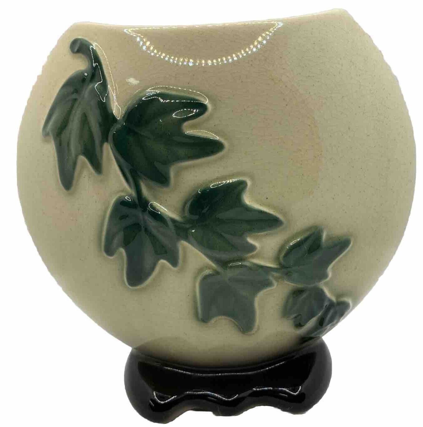 Royal Copley Pillow Vase Ivy Leaves Footed Ceramic Planter or Vase Vtg Cream/Grn