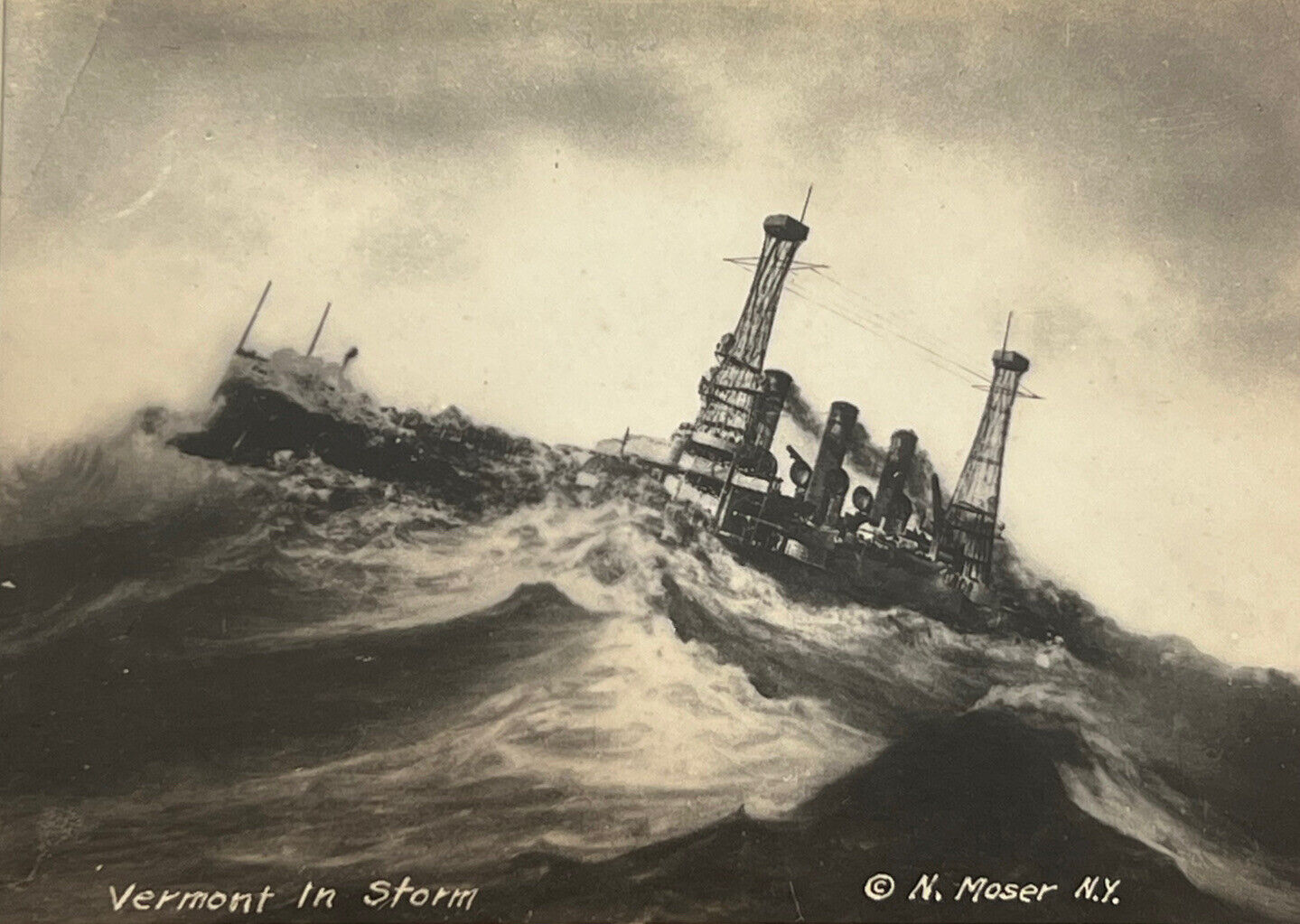 WWI RPPC Uss ￼Vermont In Storm￼ Navy ￼￼Battleship￼￼￼ World War 1 postcard Photo