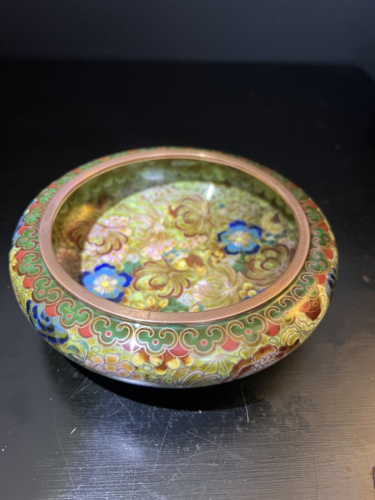 Vintage Chinese Cloisonné Champlevé Floral Bowl 1950s Circa