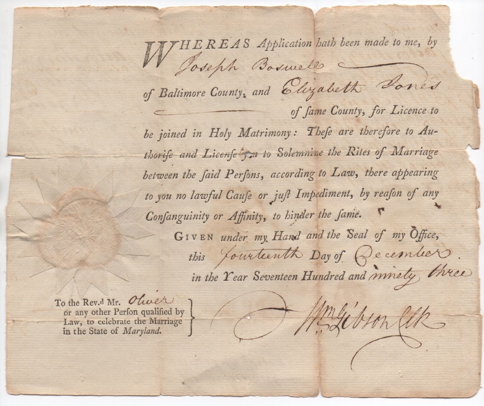 Rare 1793 Marriage License from Baltimore  Maryland for Joseph Boswell