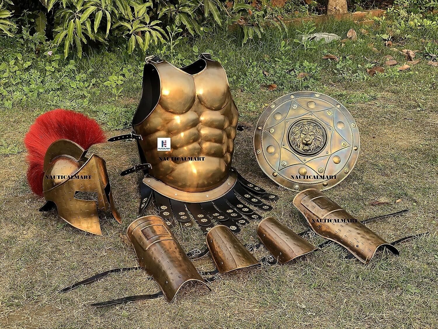 NauticalMart Medieval Roman King Leonidas 300 Spartan Helmet W/Red Plume + Muscl