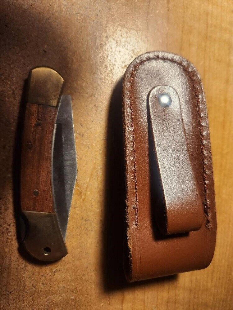 Winchester Brown Wood Handles Lock Blade Pocket Knife with Leather Sheath