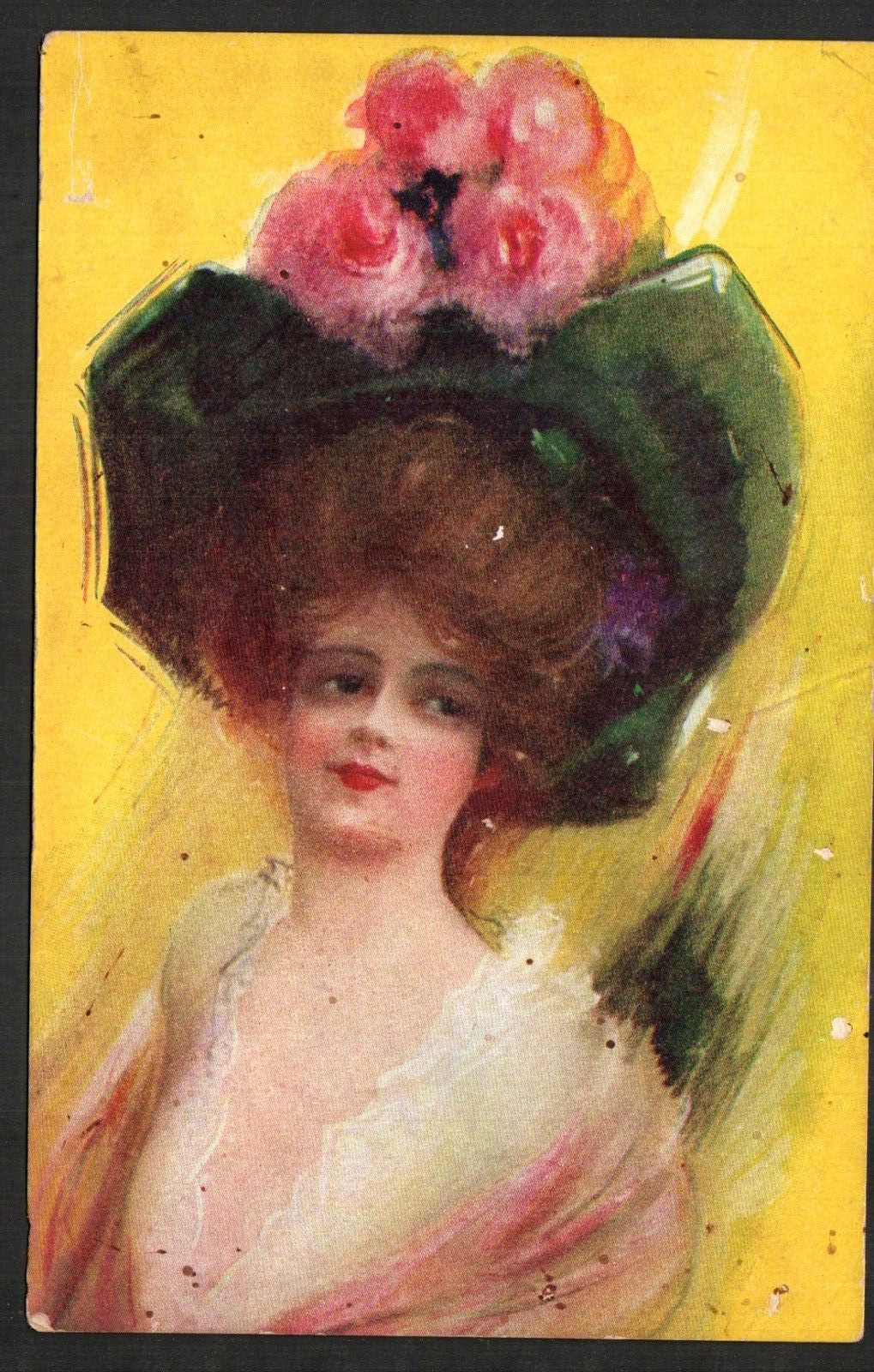Antique Postcard Pretty Woman Girl Lady Big Hat Pre 1907 Flowers Undivided Back