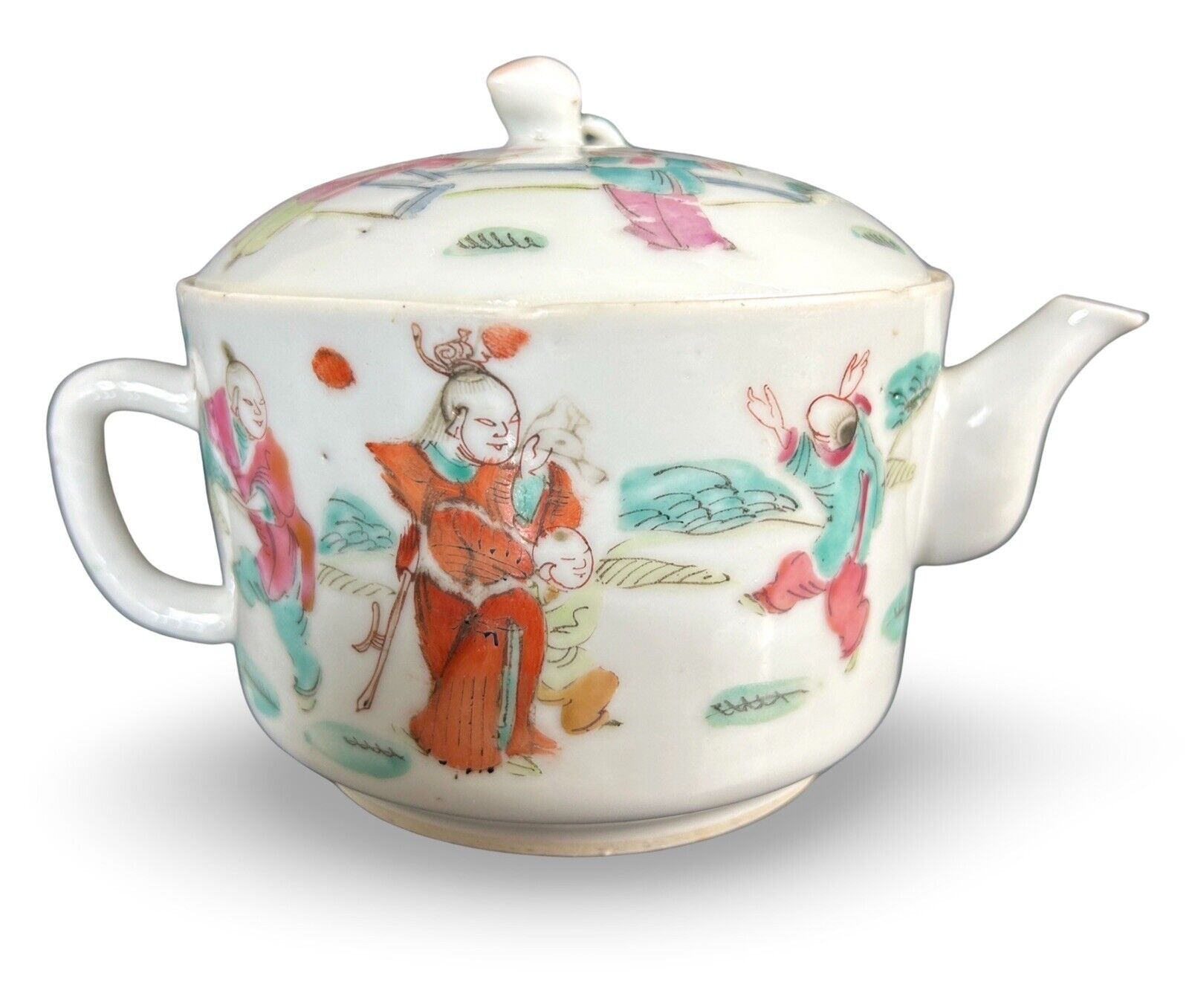 Chinese Export Tongzhi Era Teapot Porcelain/People 6.25”L Late Qing 19thC