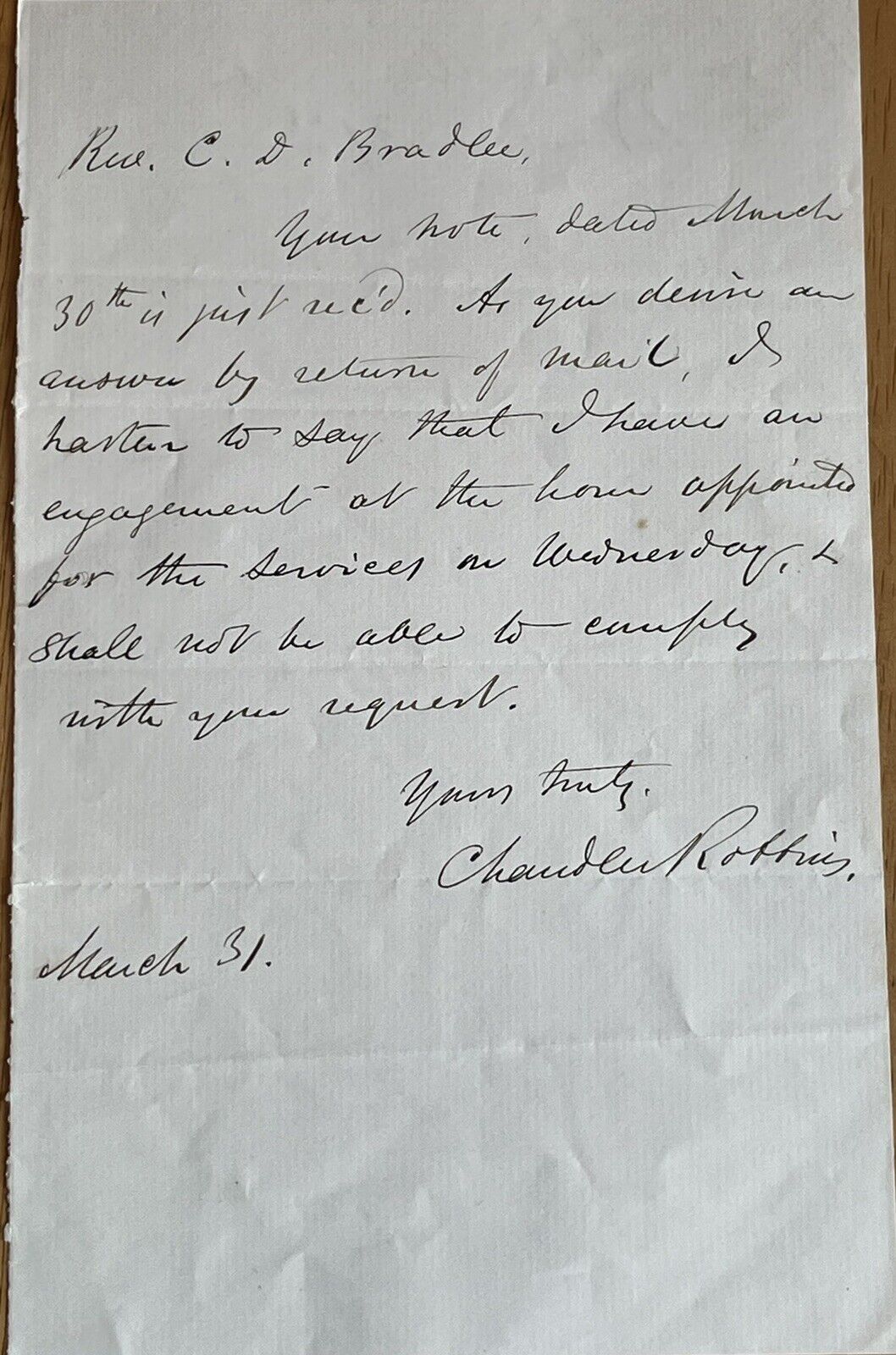 Author and Hymn Writer Dr. Chandler Robbins Autograph Letter