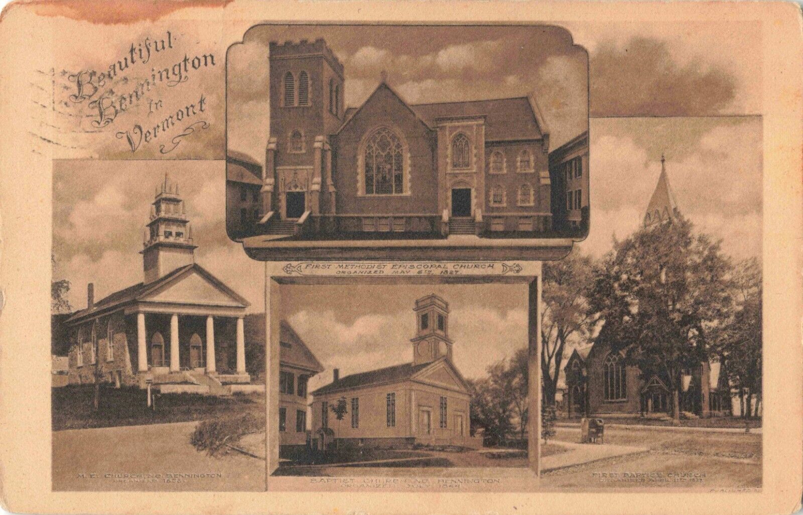 Bennington VT Vermont, 4 Church Views, Sepia Tone, Vintage Postcard