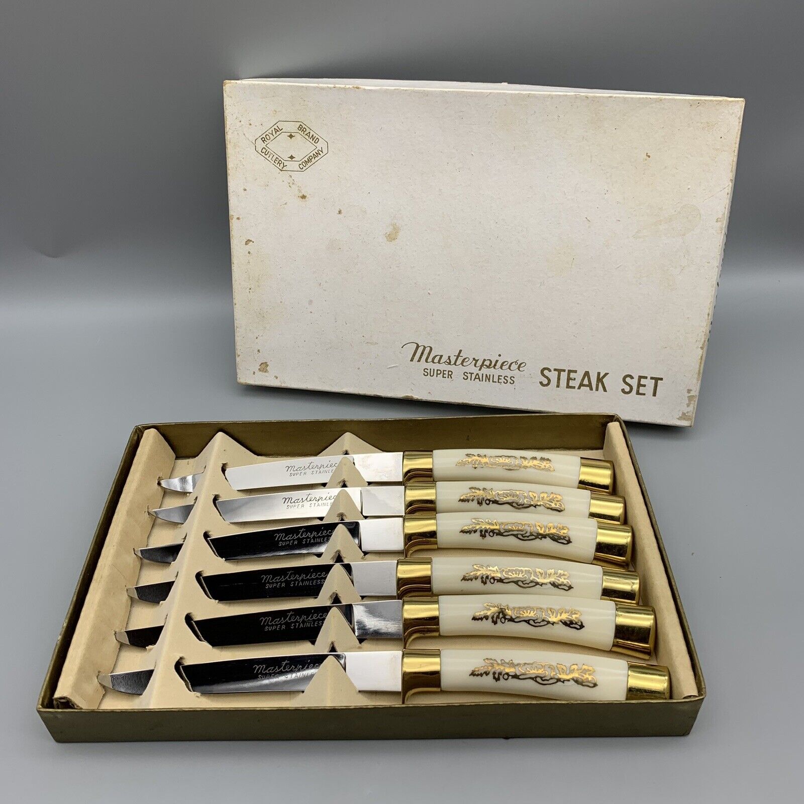 Vintage Royal Brand Cutlery Co. Masterpiece Steak Knife Set Of 6 Gold Tone Trim