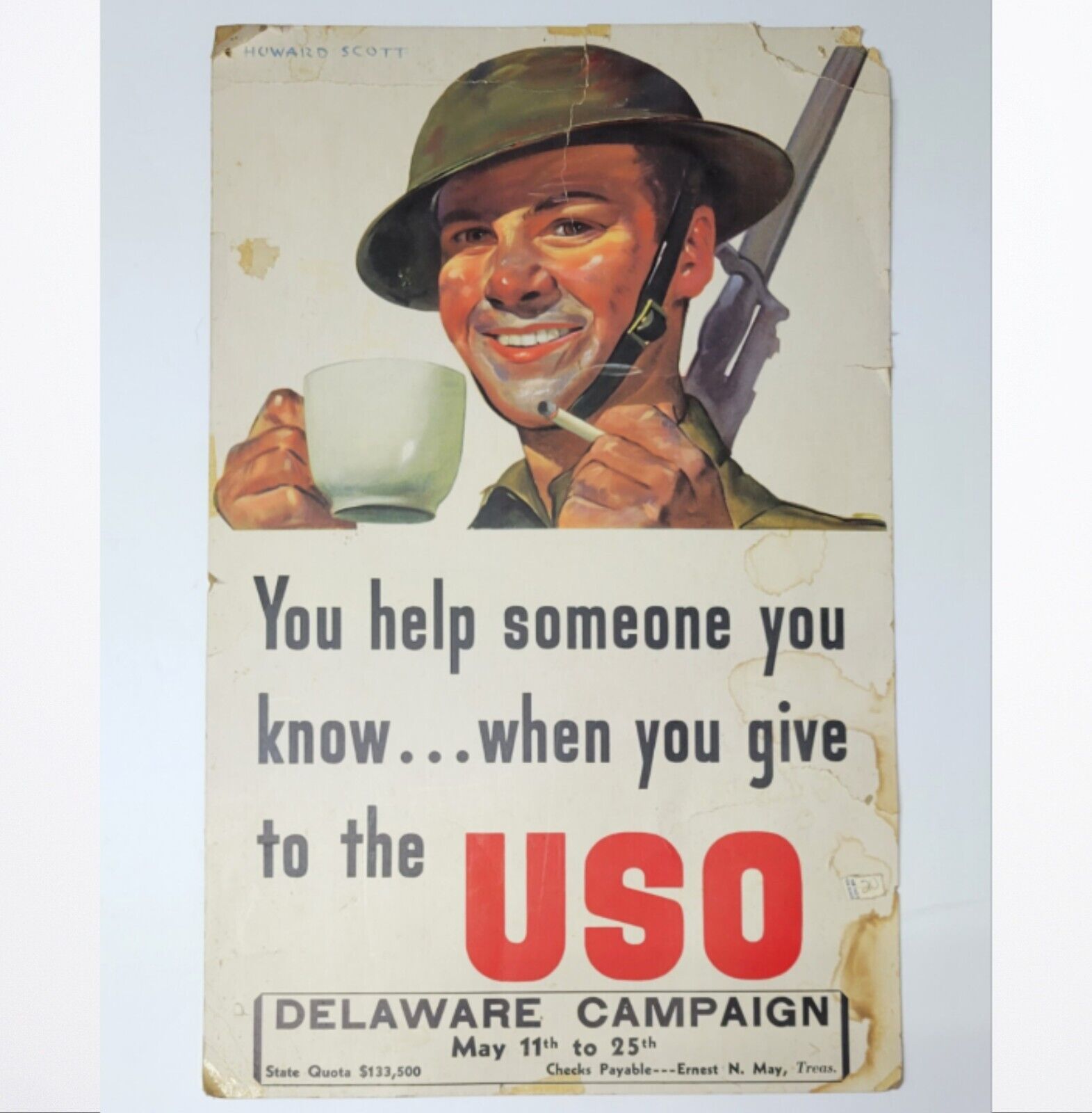 Vintage WWII USO Poster Cardstock Sign Howard Scott Soldier Litho 14\