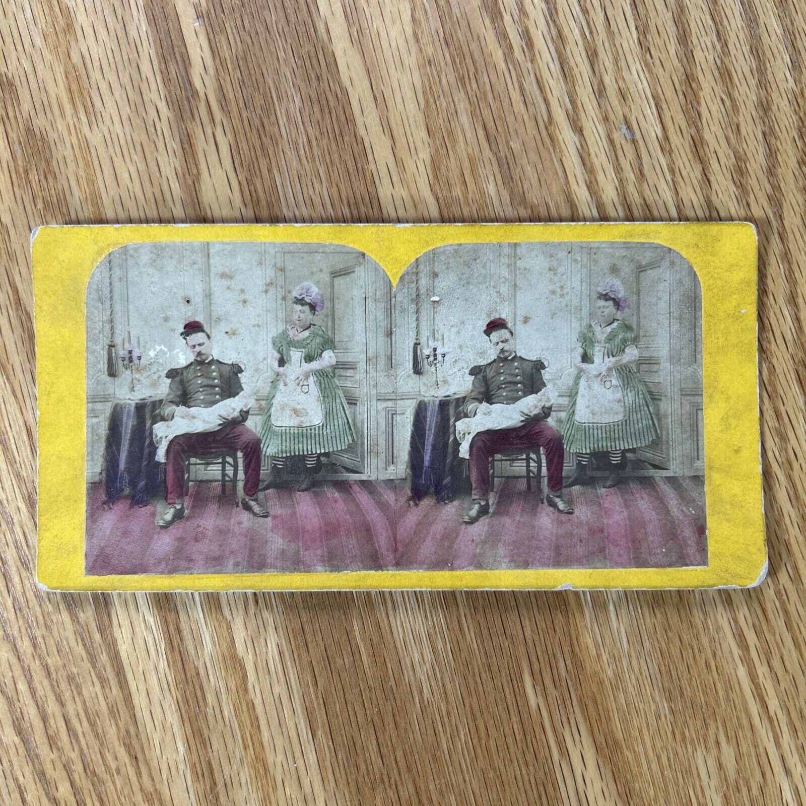Antique Stereoscope Card Post Mortem Stereoview Parents Holding Baby Early 1878