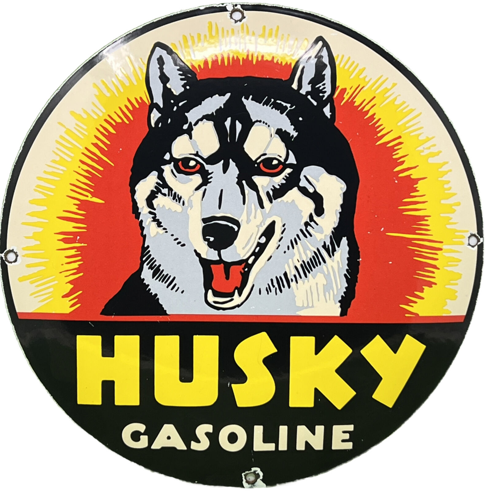VINTAGE HUSKY GASOLINE PORCELAIN SIGN K-9 GAS STATION CONVEX PUMP PLATE OIL DOG