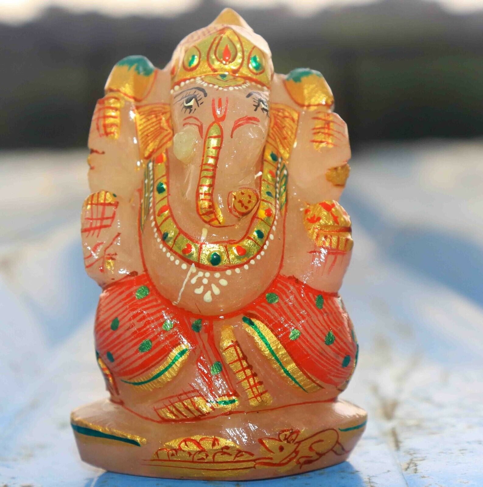 Rare Lord Ganesha 1087Ct Pink Jade Gold Art Work Figurine Hinduism Collectible