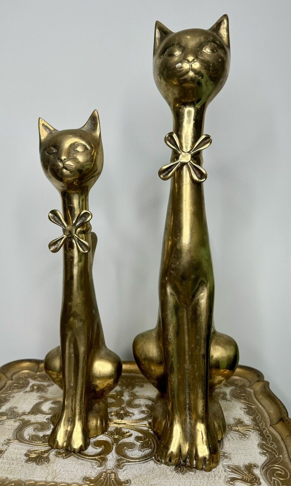 Vintage Mid century Modern Pair of Brass Cats with Bowtie