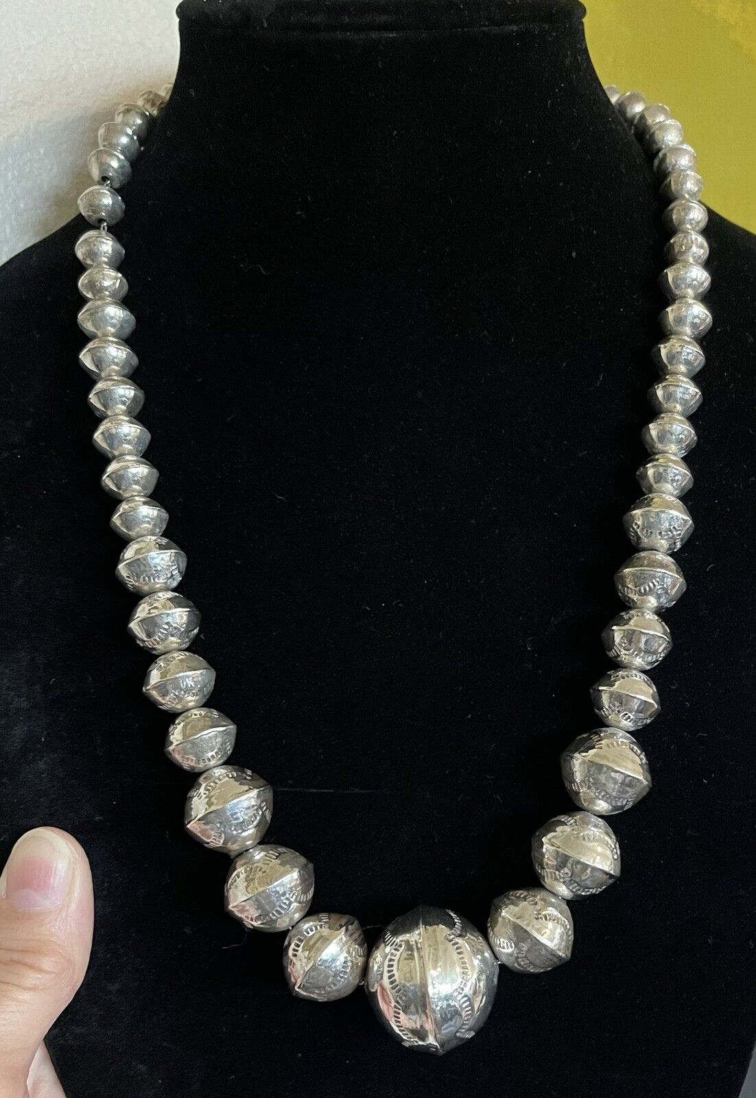 Vintage Navajo Pearls Large Stamped Graduated Beads Sterling Silver 24 inch