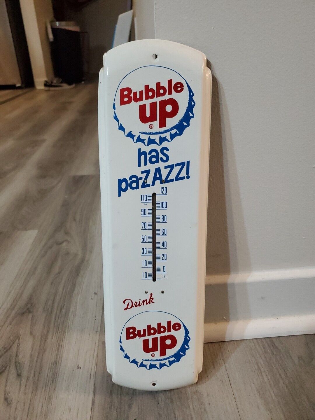 c.1950s Original Vintage Drink Bubble Up Soda Sign Metal Thermometer Works Coke