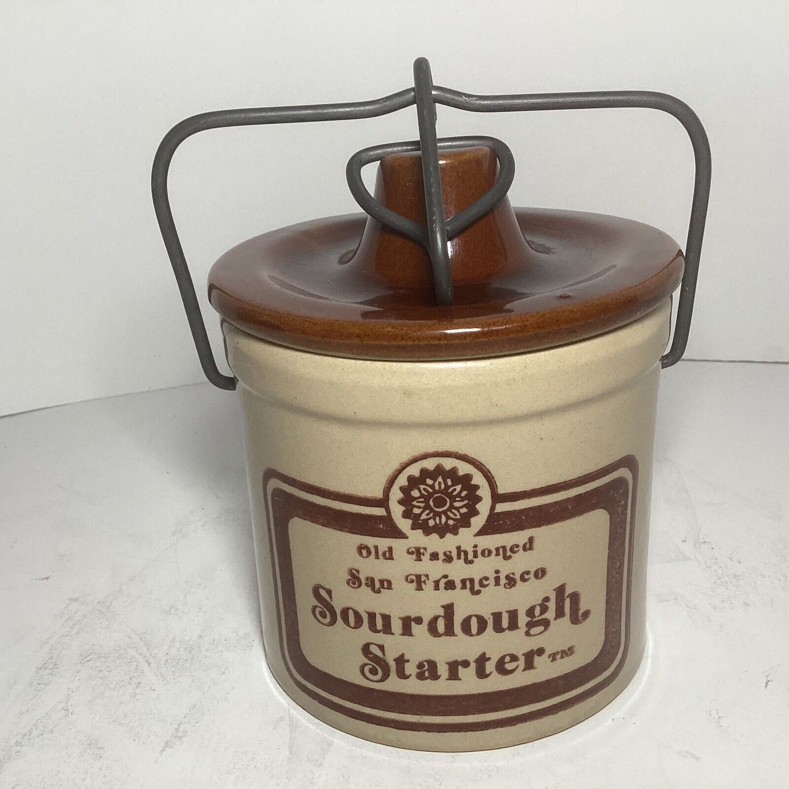 Vtg Stoneware Old Fashioned Sourdough Starter Crock Jar Wire Bale Closure