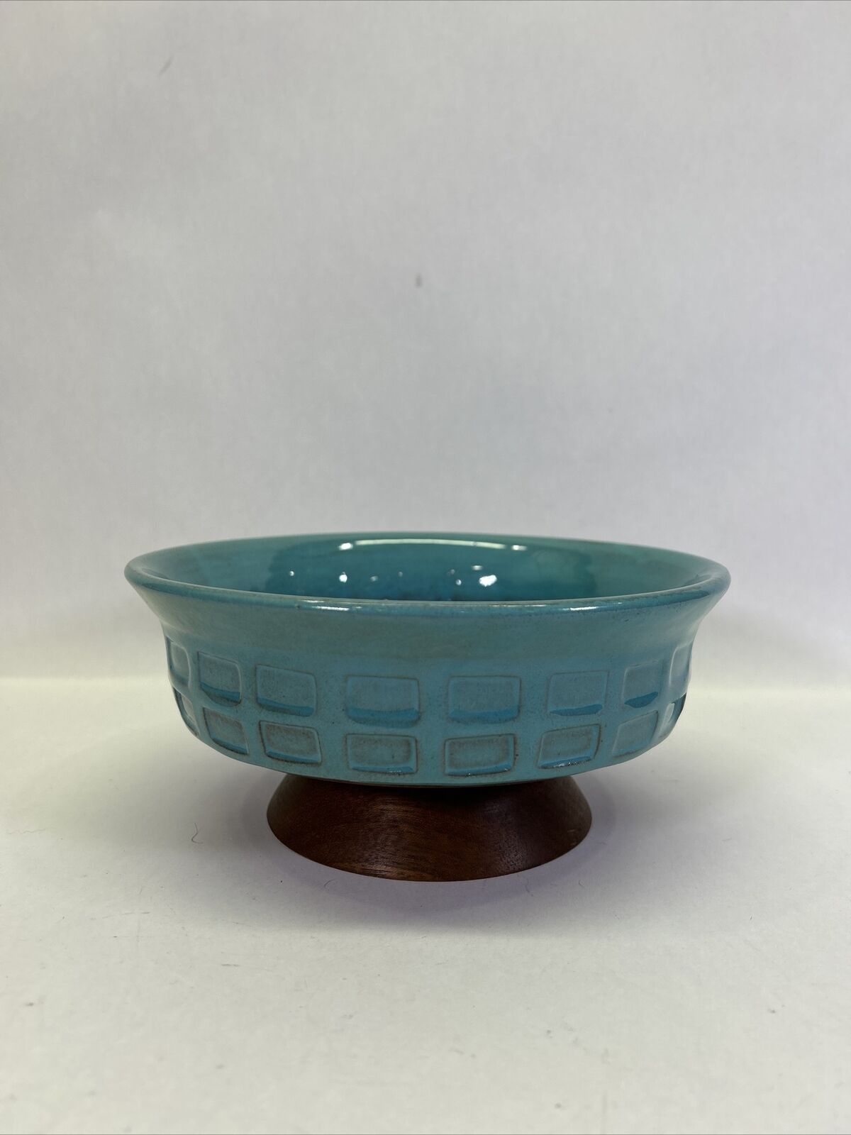 MCM Bitossi For Raymor Teak Pedestal Compote Dish Bowl MCM Pottery Blue Labeled