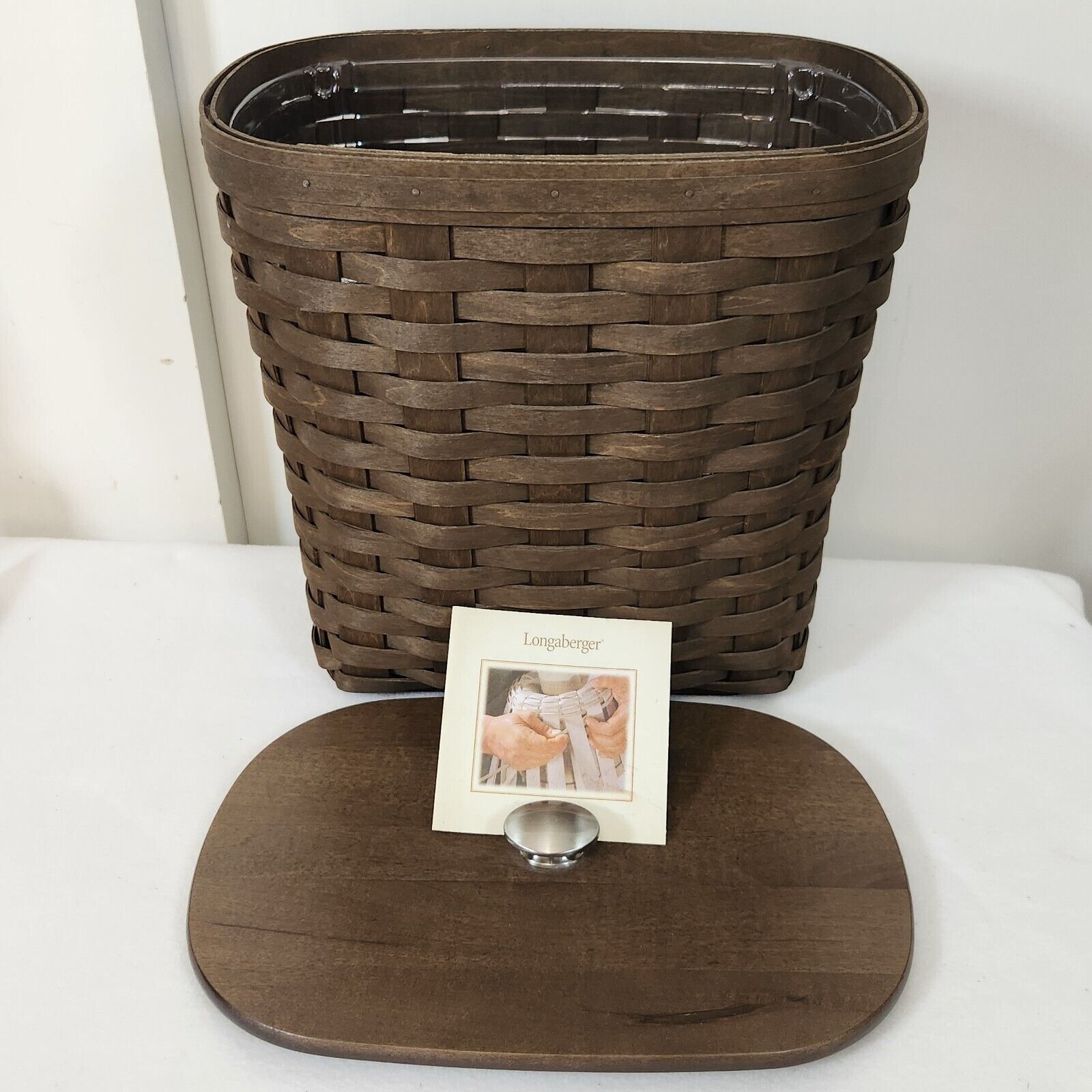Longaberger 2007 Small Deep Brown Tapered Paper Waste Basket+Protector+Wood Lid